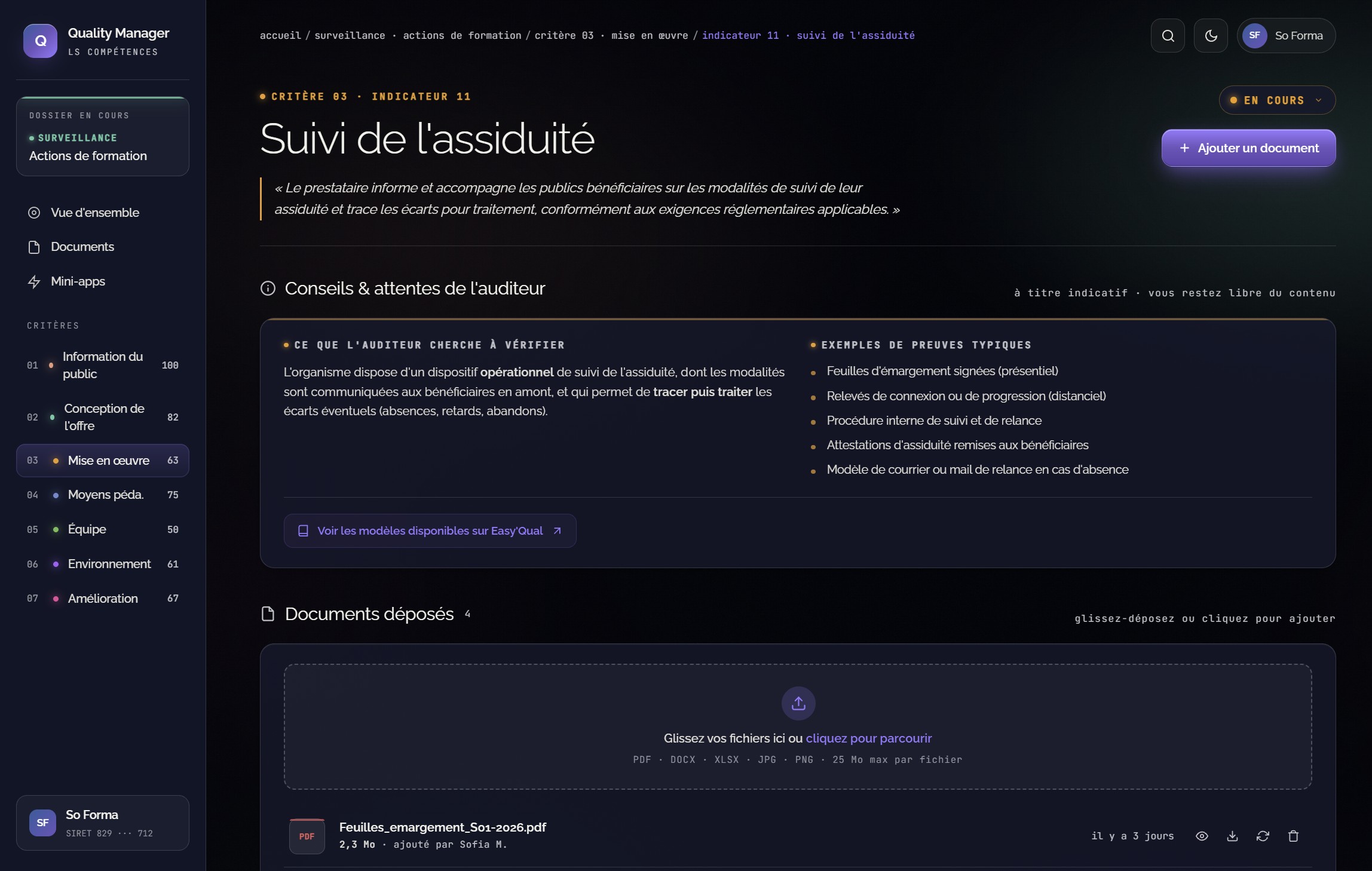 Quality Manager Page indicateur